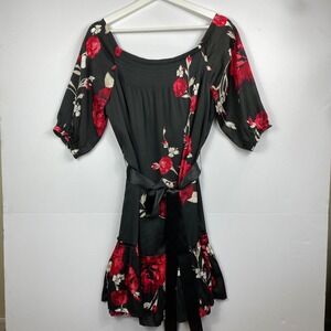 White House Black Market Floral Dress Black Belted Puff Sleeve Size S‎ Silky